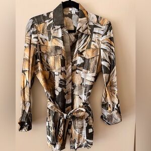 Cache Sheer Floral Blouse with Tie Belt Brown Beige Metallic Sheen Size M